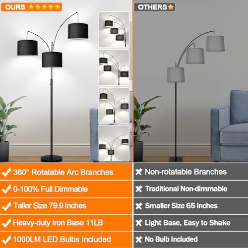 Dimmable Floor Lamp - 3 Lights Arc Floor Lamps for Living Room, 1000LM Modern Tall Standing Lamp With Black Shades & Heavy Base, Mid Century Tree Floor Lamp for Bedroom Office, 3 LED Bulbs Included - Image 2