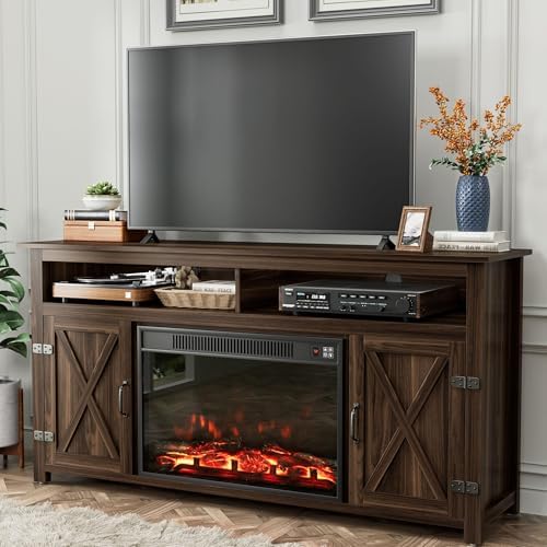 YESHOMY Farmhouse Fireplace TV Stand for Television up to 65+ Inch, Walnut by SearchallYESHOMY
