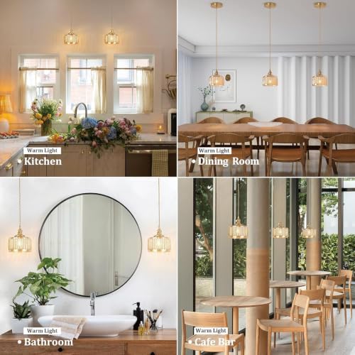 Shenmoyl Pendant Light 2 Pack with Amber Striped Glass Lmapshade, Brass Vintage Pendant Light Adjustable Hanging Light for Kitchen Island Dining Room Hallway - Image 3