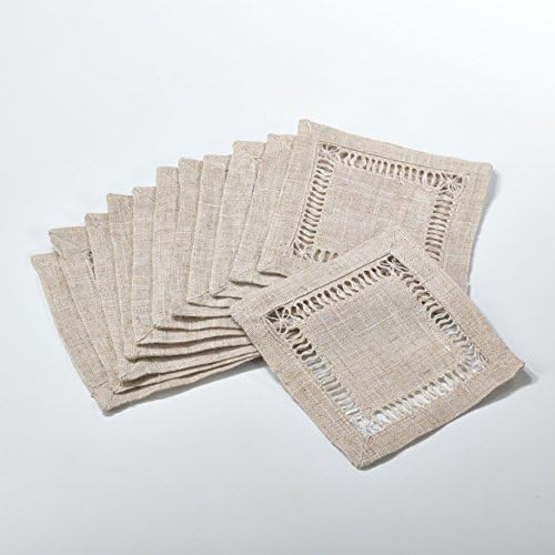 Fennco Styles Toscana Contemporary Hemstitched Linen Blend 10 x 10 Inch Coasters for Dinner Table, Picnic Table, Parties, Wedding Decorations, Natural, Set of 4 - Image 3