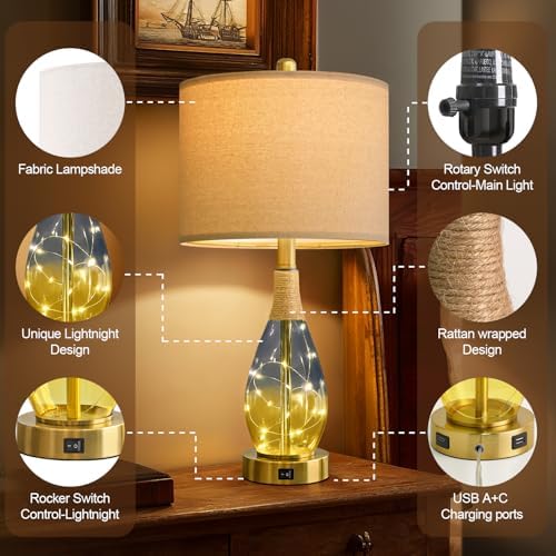 OYEARS 23" Table Lamps for Living Room Set of 2,Bedside Lamps for Night Stands, Rattan Lamps for Bedroom,Farmhouse Lamps with Glass Nightlight,Two Light Points - Image 5