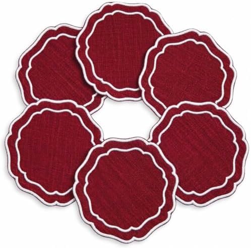 Linen Coasters for Drinks, Set of 6, 4.5 inch, Red by EmbroideryLinenVN