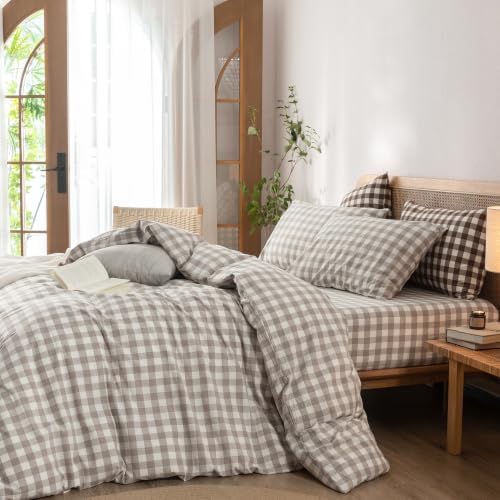 BESTOUCH Gingham Cotton Duvet Cover Set Linen Grey Queen - Image 4