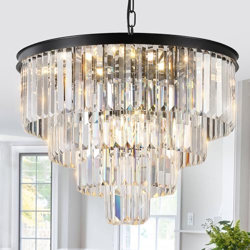 CATINER 24" Modern Crystal Chandeliers,12-Light Black Round Light Fixture by CATINER