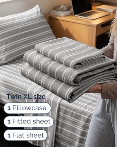 Twin XL 3 Piece Sheet Set - College Dorm Room Essentials - Grey Stripes - Image 3