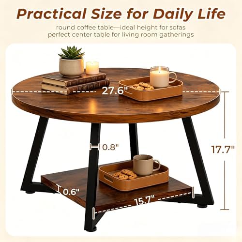 Coffee Tables for Living Room, 27.6" Round Coffee Table, Brown Coffee Table - Image 3