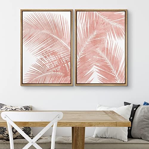SIGNWIN Framed Canvas Print Wall Art Set Tropical Red Pastel Palm Leaf Plants Nature Wilderness Illustrations Modern Art Decorative Rustic Chic for Living Room, Bedroom, Office - 16"" x24 x2 Natural - Image 3