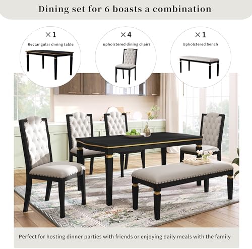 VilroCaz Modern Elegant Wood Kitchen Dining Table Set, 60'' Rectangular Table and 4 High-Back Tufted Chairs & 1 Bench, Home Breakfast Kitchen Dining Room Table Set for 6 (Black-10.6) - Image 4