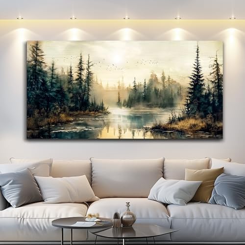 FUHAIHUA Large Wall Decor For Living Room Canvas Wall Art For Office Farmhouse Wall Decorations For Bedroom Forest River Landscape Paintings Modern Pictures Artwork Room Home Decor 24x48 In - Image 2