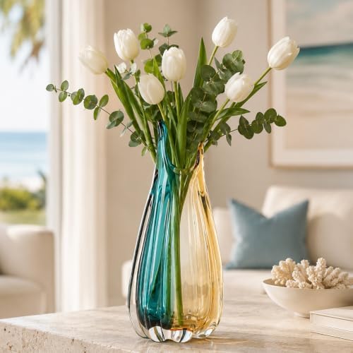 Hand Blown Teal Amber Colorblock Glass Vase, Modern Home Table Centerpiece by orenm