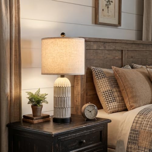 OYEARS 22.5" Bedside Table Lamps Set of 2, Farmhouse Table Lamp with USB A+C Charging Ports,Vintage Nightstand Lamp for Bedrooms and Living Rooms, Retro Resin End Table Lamp with Linen Shade, Black - Image 5