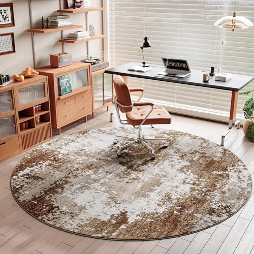 Brown Round Area Rugs 4ft Washable Circle Rug for Entryway Kitchen, Non Slip Soft Low Pile Stain Resistant, Boho Circular Carpet for Living Room Bedroom Dorm Dining Room Table, Abstract Coffee - Image 2