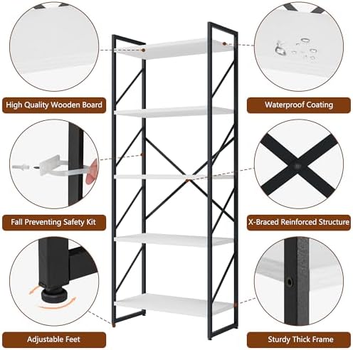Shintenchi 5 Tiers Bookshelf, Classically Tall Bookcase Shelf,Industrial Book Rack,Modern Book Holder in Bedroom/Living Room/Office, Storage Rack Shelves for Books/Movies,11.8" Dx23.6 Wx62.2 H,White - Image 5
