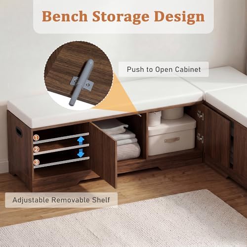 Extendable 6-Piece Breakfast Nook Set with Storage Benches & Stools, Corner Dining Table Set with Wine Glass Holder, Space-Saving Kitchen Table for Indoor/Outdoor Use (Walnut+White Cushion) - Image 3