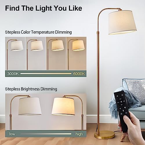 Oneach 62" Arc Floor Lamp for Living Rooms, Gold Tall Standing Lamps with Remote and Stepless Dimmable Bulb, Modern Reading Light for Bedrooms Corner Nursery Kid Office (Bulb Included) - Image 3