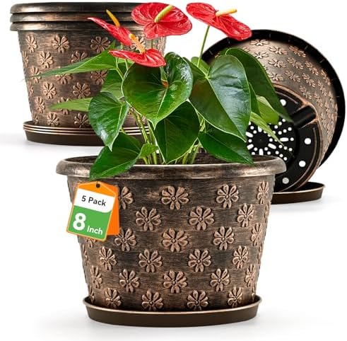 8 Inch Planter Pots for Plants, Plastic Flower Pots Indoor Outdoor, 5 Pack Resin Plant Pot with Drainage & Saucer, Retro Decorative Garden Pot with Removable Trays for House by FlowyypoPlantPot