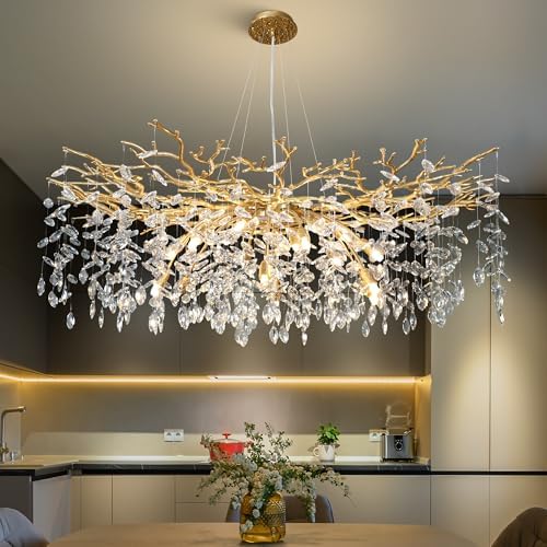 YUYI Modern Crystal Chandelier, 47" Gold Tree Branch Chandeliers, 18-Light Round Chandelier for Dining Room, Living Room, Foyer, Entryway, Kitchen, Bedroom, Luxury K9 Crystal Raindrop Light Fixture by YUYILIGHTING