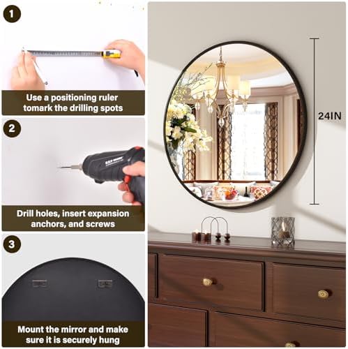 XRAMFY 24 Inch Round Mirror-Black Circle Mirrors for Bathroom, Entryway - Image 6