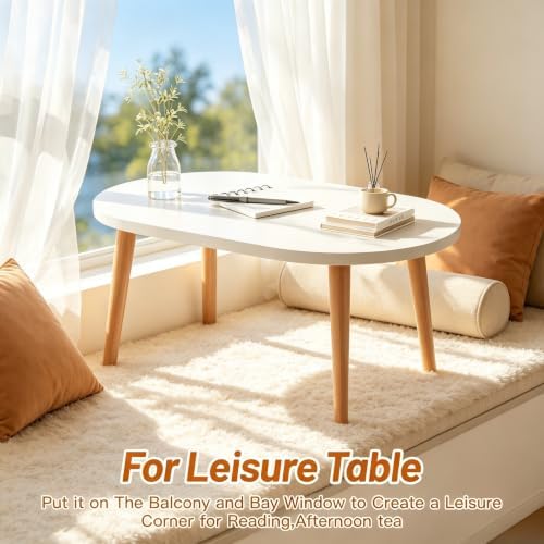Small Coffee Table, Low Table with Solid Wood Legs, 23.6" Mini Oval Accent Table Side End Table, Floor Table Desk for Sitting on The Floor, Coffee Tea Table for Living Room, Dorm, Apartment, White - Image 4