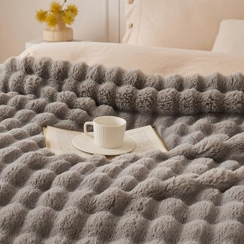 COOVA Soft Bubble Faux Fur Throw Blanket, 60"x80", Grey - Image 3