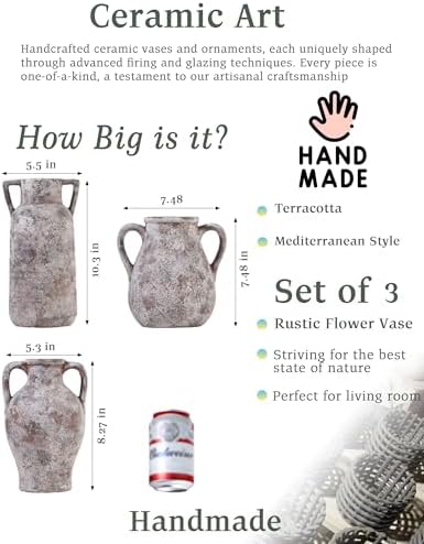 Ceramic Vase Set of 3 with Handles, Aged Terracotta Finish - Image 2