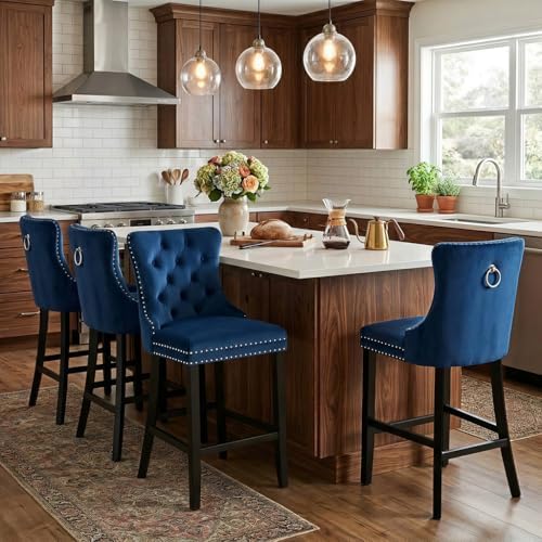 SoarFlash Modern Velvet Upholstered Bar Stools Set of 4 with Wood Legs, Button Tufted,Chrome Nailhead, Counterstool Seat, Armless Bar Chairs (Blue) by SoarFlash