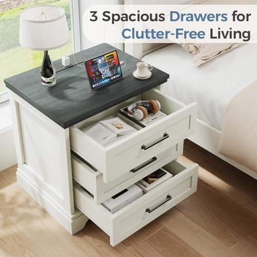 DUMOS Farmhouse Nightstand Set of 2 with Charging Station & USB Ports - Image 4