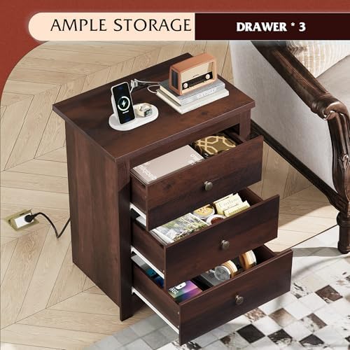 WLIVE Tall Nightstand with Charging Station, Wood Night Stand with 3 Drawers Storage, Bedside Table End Side Tables with 2 USB Ports and Outlets for Bedroom, Closet, Espresso - Image 5