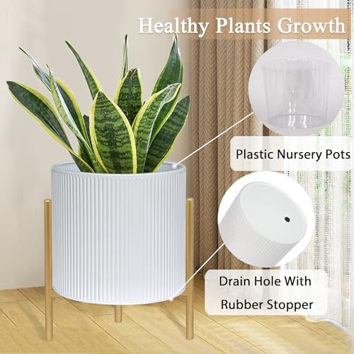 ARNIS Modern Planter Pots, Set of 2 Round Large Planters with Stand, Decorative Floor Planters, Metal Pots with Drainage Holes for Living Room, Office, Garden or Balcony, 8.25 &10.5 Inch, White & Gold - Image 4
