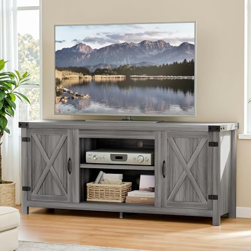 YESHOMY Modern Farmhouse TV Stand with Barn Doors for 65 Inch TV,Light Grey by SearchallYESHOMY