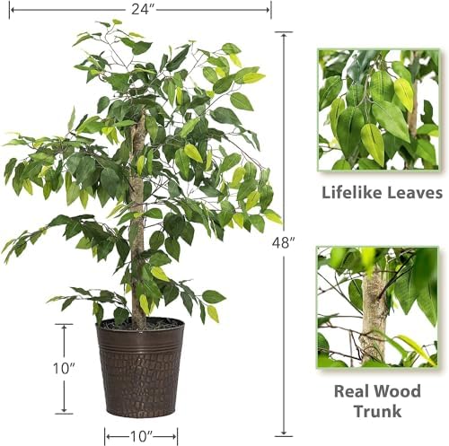 LCG Florals Artificial Ficus Trees in Copper Metal Pots, Set of 2 - Real Wood Trunk, No Maintenance Indoor Faux Plant - Living Room & Home Decor (4ft & 6ft) - Image 2