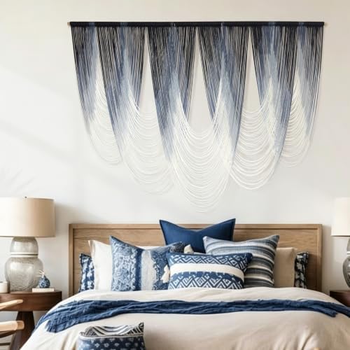 Macrame Wall Hanging Dip-Dyed Navy Blue Boho Wall Art Yarn 57" W*41" L - Image 4