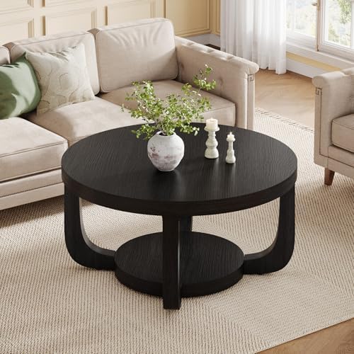 Tribesigns Round Coffee Table, 2-Tier Circle Coffee Table with Storage, Modern Wooden Accent Center Table for Living Room, Thick Tabletop & Base, Black - Image 3