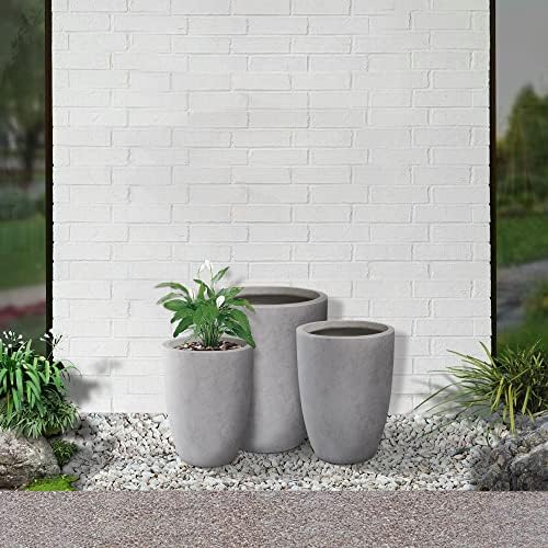 Kante 18.1",20.5",22.4" H Tall Round Concrete Planters Set of 3, Outdoor Indoor Modern Decorative Plant Pots with Drainage Hole & Rubber Plug for Home & Garden Natural Concrete - Image 2