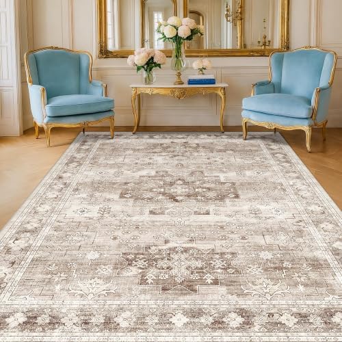 Hazo Haus Washable Neutral Farmhouse Living Room Rug, 5x8 Area Rugs for Bedroom Under Bed, Nursery Room, Boho Vintage Floral Non-Slip Rug Low Pile Stain Resistant (5x8 Beige/Latte) by HazoHaus