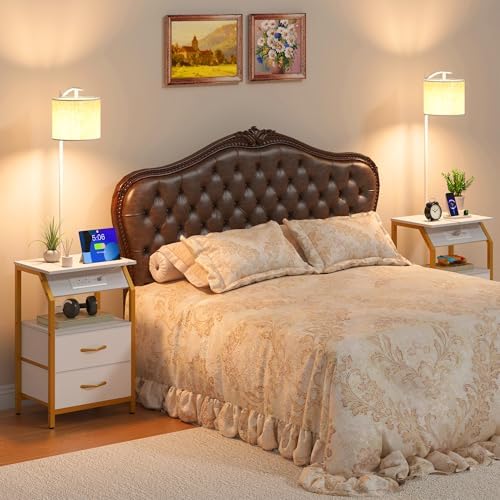End Table with Floor Lamp, Nightstand with Charging Station, Floor Lamp Table with 3-Color Temperature Bulb, Bedside Table Night Stand with 2 Drawers for Bedroom, Living Room, Gold - Image 3