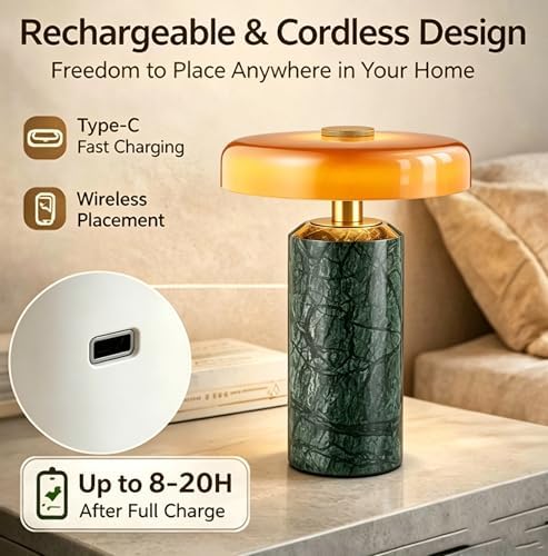 Marble Table Lamp Cordless with Glass Shade, 3-Way Touch Dimmable Modern Green Small Desk Lamp, Solid Marble Base Portable Nightstand Light for Bedroom and Living Room Decor - Image 2