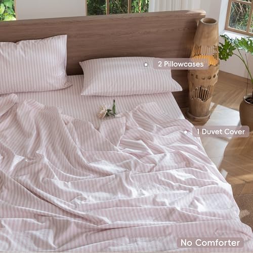 MooMee Striped Duvet Cover Set 100% Washed Cotton Linen Like Queen - Image 2