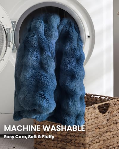Ultra Soft Cozy Faux Fur Throw Blanket, Fuzzy Plush Thick Bubble Blanket, Oversize Luxury Fluffy Blanket for Couch, Bed, and Living Room, 60x80 Inches, Blue - Image 4