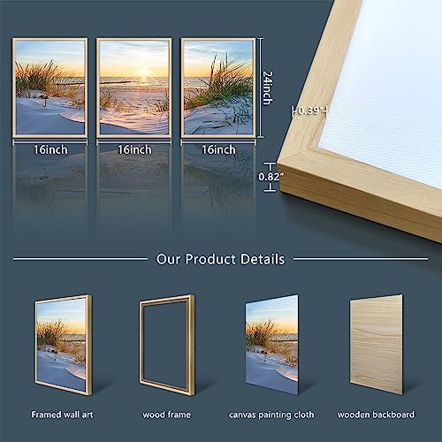 Natural Wood Framed Wall Art for Living Room and Bedroom - Large Size Sun Blue Beach Pictures - Office and Home Decor - Ocean Paintings Set of 3 Piece Framed Art Prints - Image 6