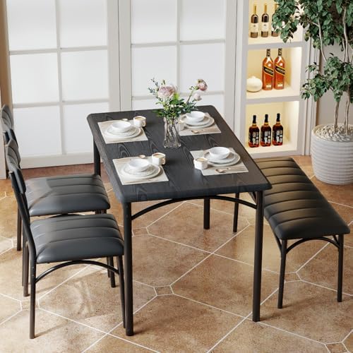 IDEALHOUSE Dining Table Set for 4, Kitchen Table with Chairs for 4, Rectangular Wood Dining Room Table Set with Upholstered Bench for Small Space, Dinner, Apartment, Retro Black - Image 3