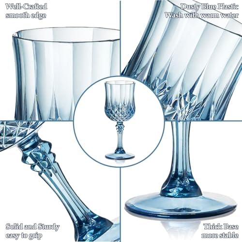 XUWAIDSGN 48 Pcs 7oz Plastic Vintage Wine Glasses Drinking Glasses Unbreakable Wedding Glassware Crystal Water Goblets Reusable Drinkware Vintage Champagne Flutes (48, Blue) - Image 4