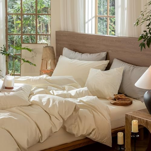 MooMee Wavy Striped Duvet Cover Set 100% Washed Cotton Linen Like Textured Breathable Durable Soft Comfy (Cream White, Queen 90"x90") - Image 4