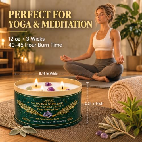 White Sage Candle for Cleansing with Crystals, 12 oz 3-Wick Jar Candle - Image 3