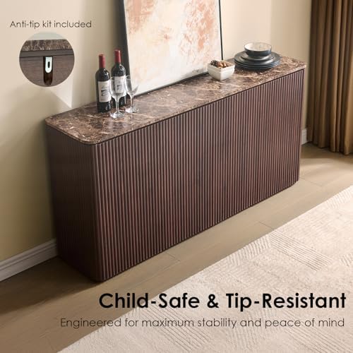 64" Fluted Sideboard Cabinet with Storage, Modern Buffet Cabinet, Dark Oak - Image 5