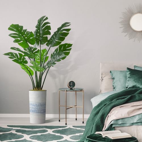 Artificial Tree in Blue Gray Industrial Line Pattern Planter, Fake Monstera Silk Tree for Indoor and Outdoor Home Decoration - 65" Overall Tall (Plant Pot Plus Tree) - Image 5