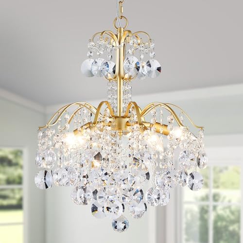 WUZUPS 5-Light Crystal Chandelier Pendant Ceiling Light Modern Lighting Fixture for Bedroom Hallway Bar Kitchen Bathroom, H 20.3" W17.1, E12 Base, Gold by WUZUPSNEWARRIVALCHANDELIERS