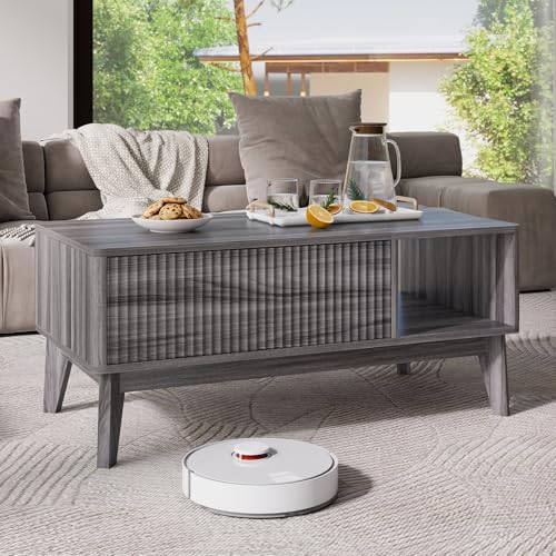 LYNCOHOME Fluted Lift Top Coffee Table with Storage,Modern Center Table for Living Room, Home Office（Grey） - Image 3