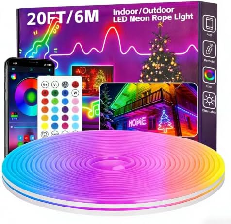 20FT RGB LED Neon Rope Lights, App & Remote Control, Flexible Waterproof IP65 Led Strip Lights, Music Sync Color Changing Multiple Modes Neon Lights for Bedroom Gaming Room Indoor & Outdoor Decor by Unknown