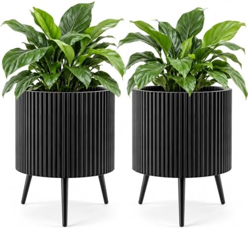 GIANTEX 20 Inch Plant Pot w/Stand Set 2, Mid-Century Modern Fluted Planter by Giantex